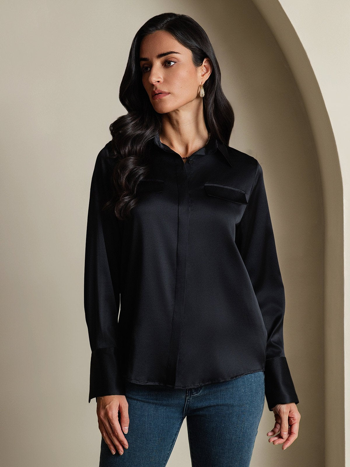 SilkSilky-NL 19Momme Zijde Lange Mouw Kraag Dames Blouse Zwart 005
