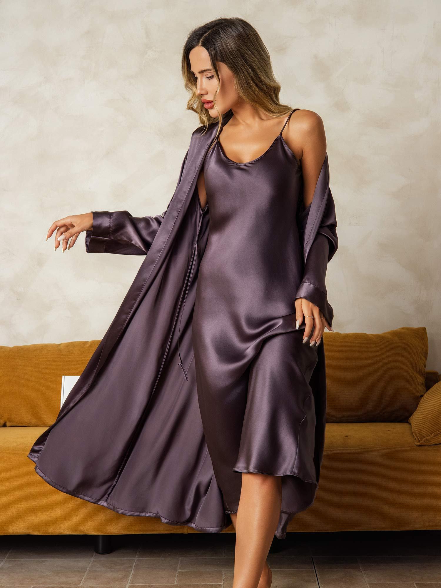 [PaarsGrijs] SilkSilky-NL Zijde Nightgown&Robe Set 001