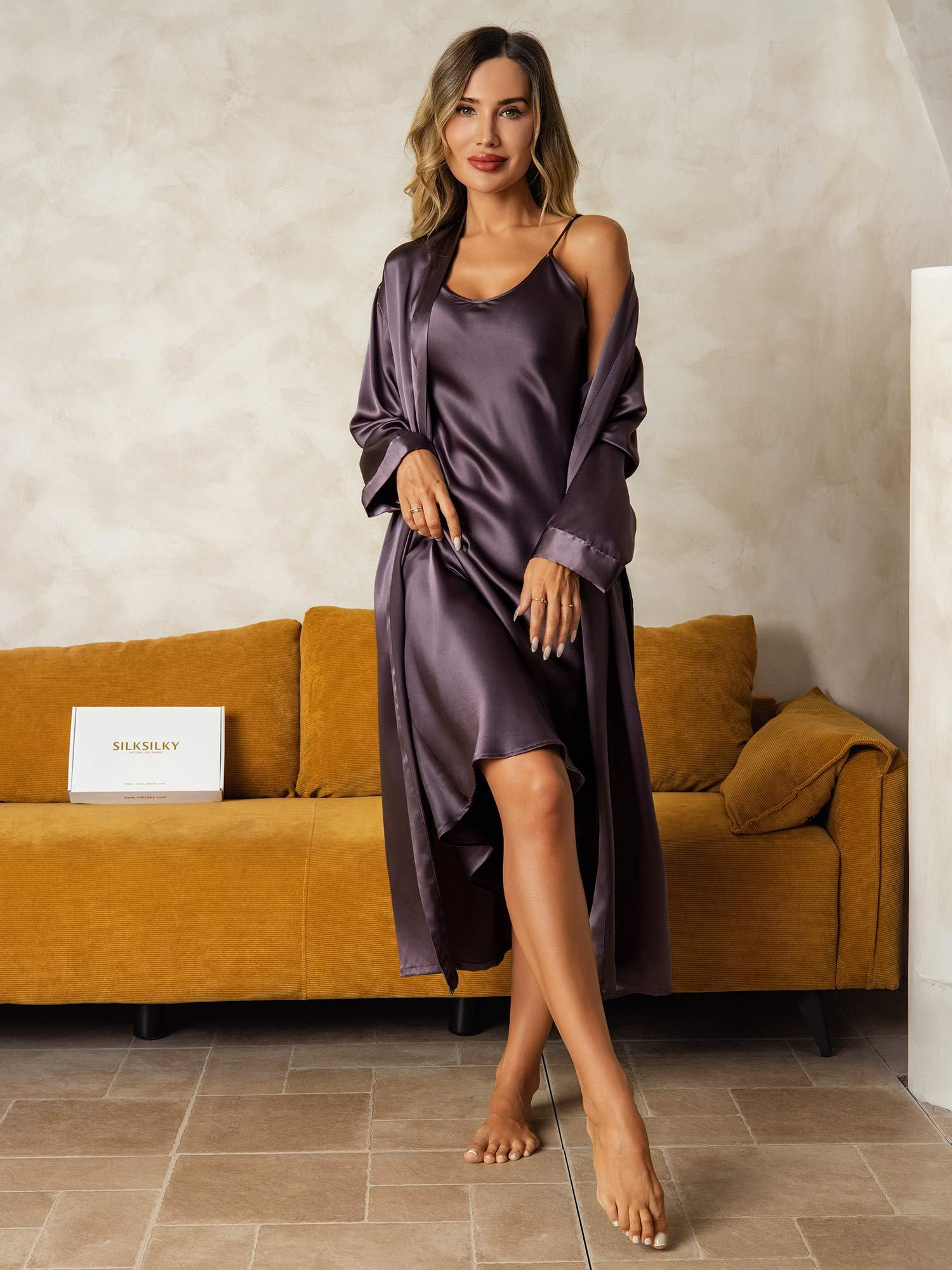 [PaarsGrijs] SilkSilky-NL Zijde Nightgown&Robe Set 005