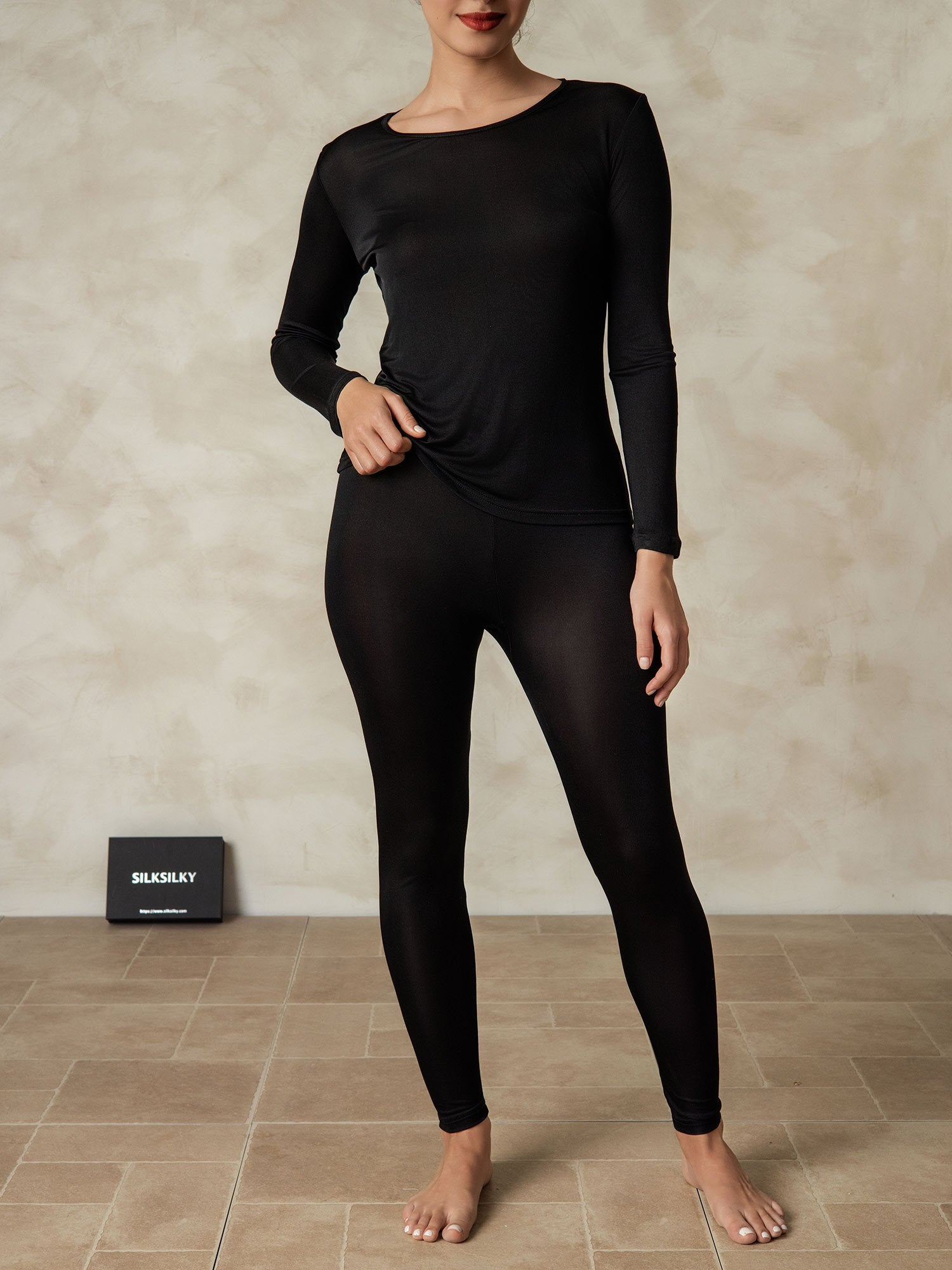 [Zwart] SilkSilky-NL Zijde Ronde Hals Dames Pyjama Set 001