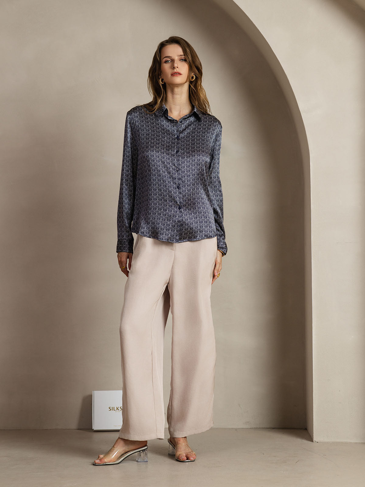 [Marine Ginkgo] SilkSilky-NL Zijde Kraag Dames Blouse 007