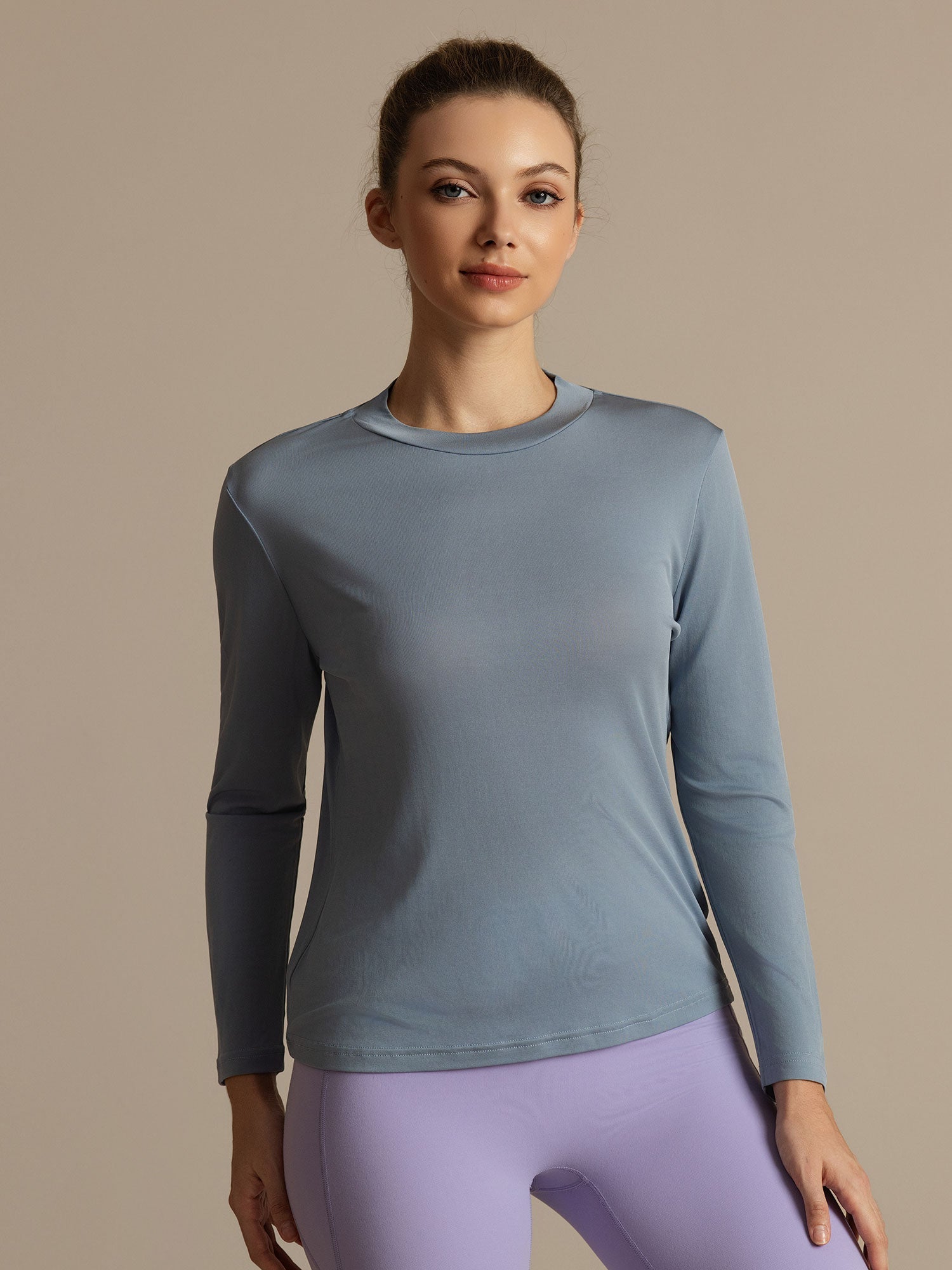 [Grijsachtig Blauw] SilkSilky-NL Lange Mouw Crew Hals Dames T-Shirt 006