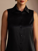 [Zwart] SilkSilky-NL Sleeveless Lapel Collar Dames Blouse 004