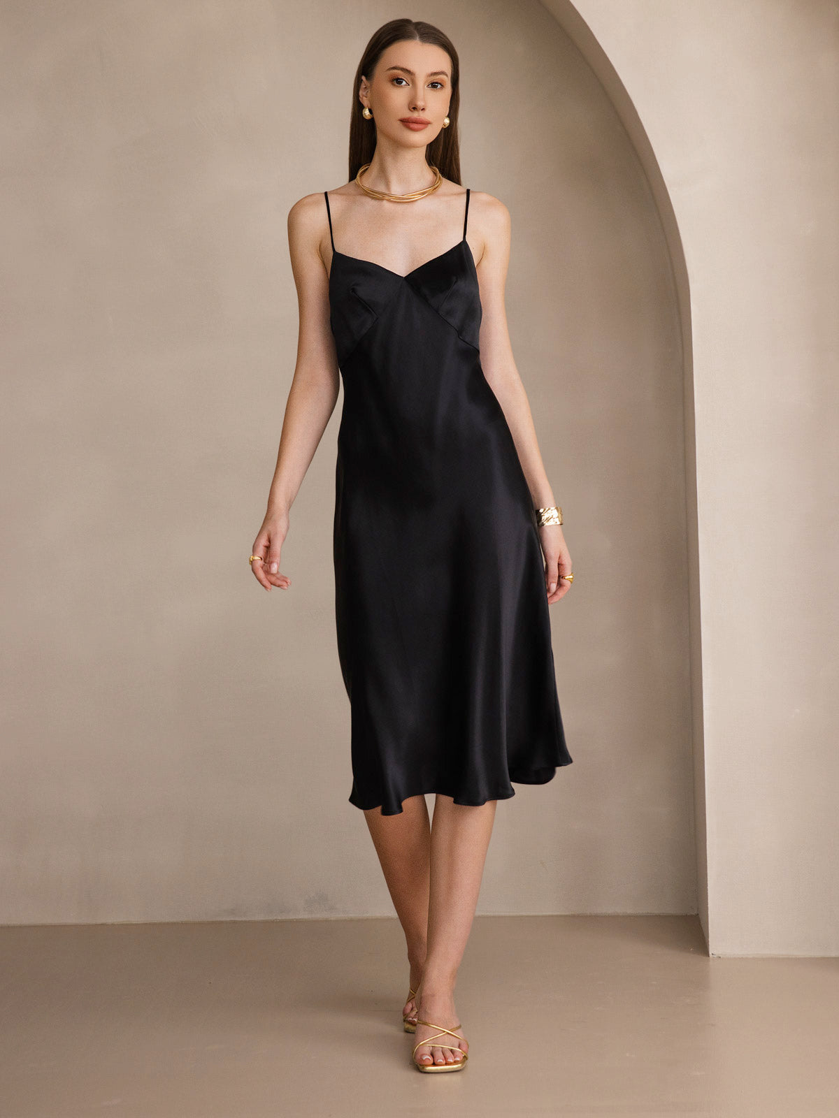 [Zwart] SilkSilky-NL 19Momme V-Hals Jurk 001