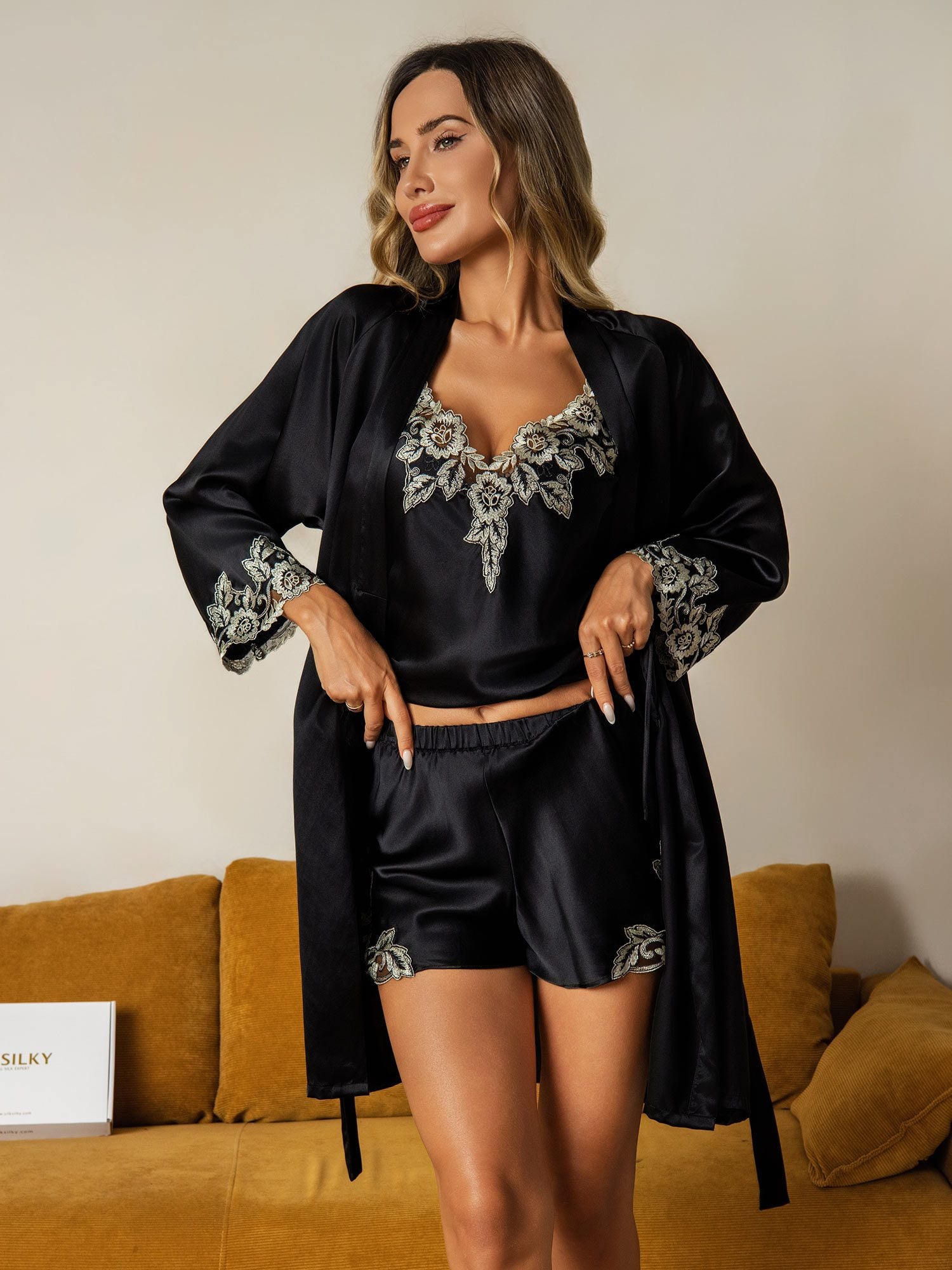 [Zwart] SilkSilky-NL Zijde Nightgown&Robe Set 003