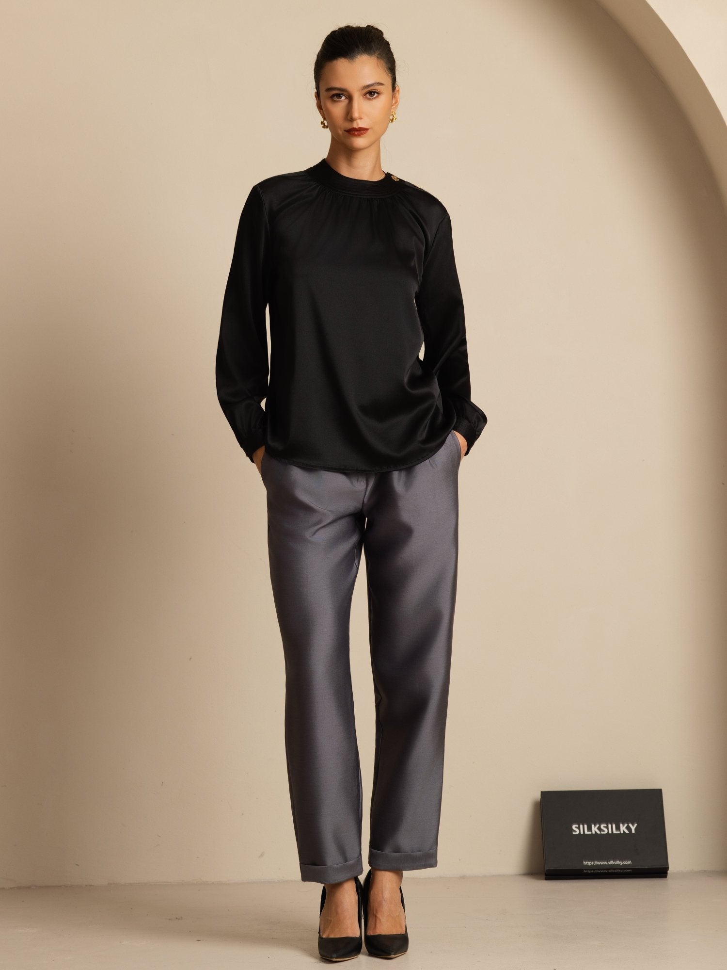 [Zwart] SilkSilky-NL 19Momme Lange Mouw Ronde Hals Blouse 008