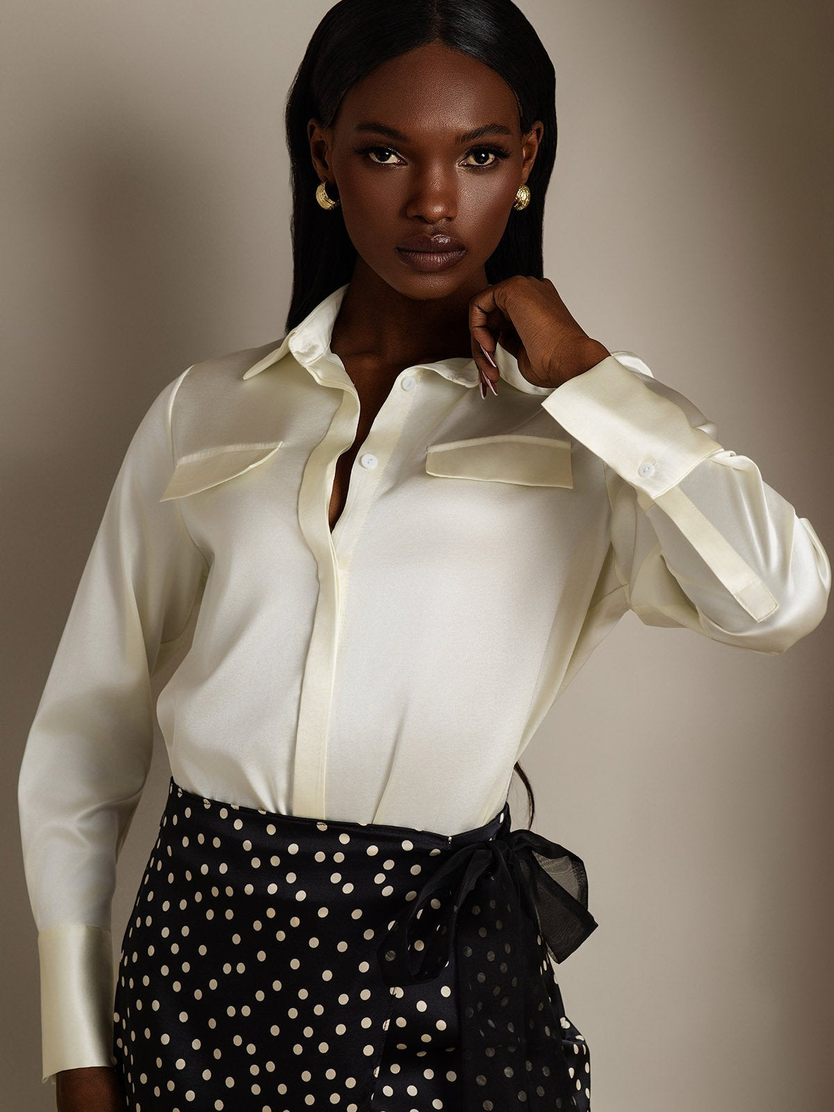 SilkSilky-NL 19Momme Zijde Lange Mouw Kraag Dames Blouse Ivoor 003