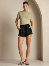 [Gedroogd Kruiden] SilkSilky-NL 100% Silk Jersey Short Sleeve Mock Neck Dames T-Shirt 006