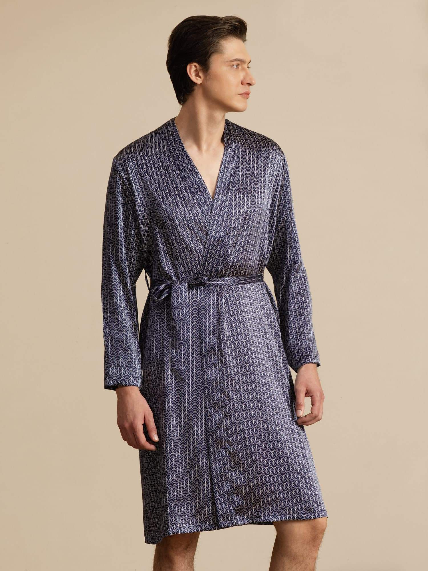 [Marine Ginkgo] SilkSilky-NL Long Sleeve V Neck Heren Kamerjas 001