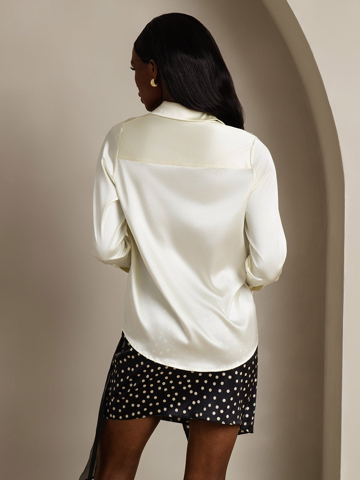 SilkSilky-NL 19Momme Zijde Lange Mouw Kraag Dames Blouse Ivoor 002