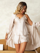 [Beige] SilkSilky-NL Zijde 3/4 Mouw Womens Pajamas 001