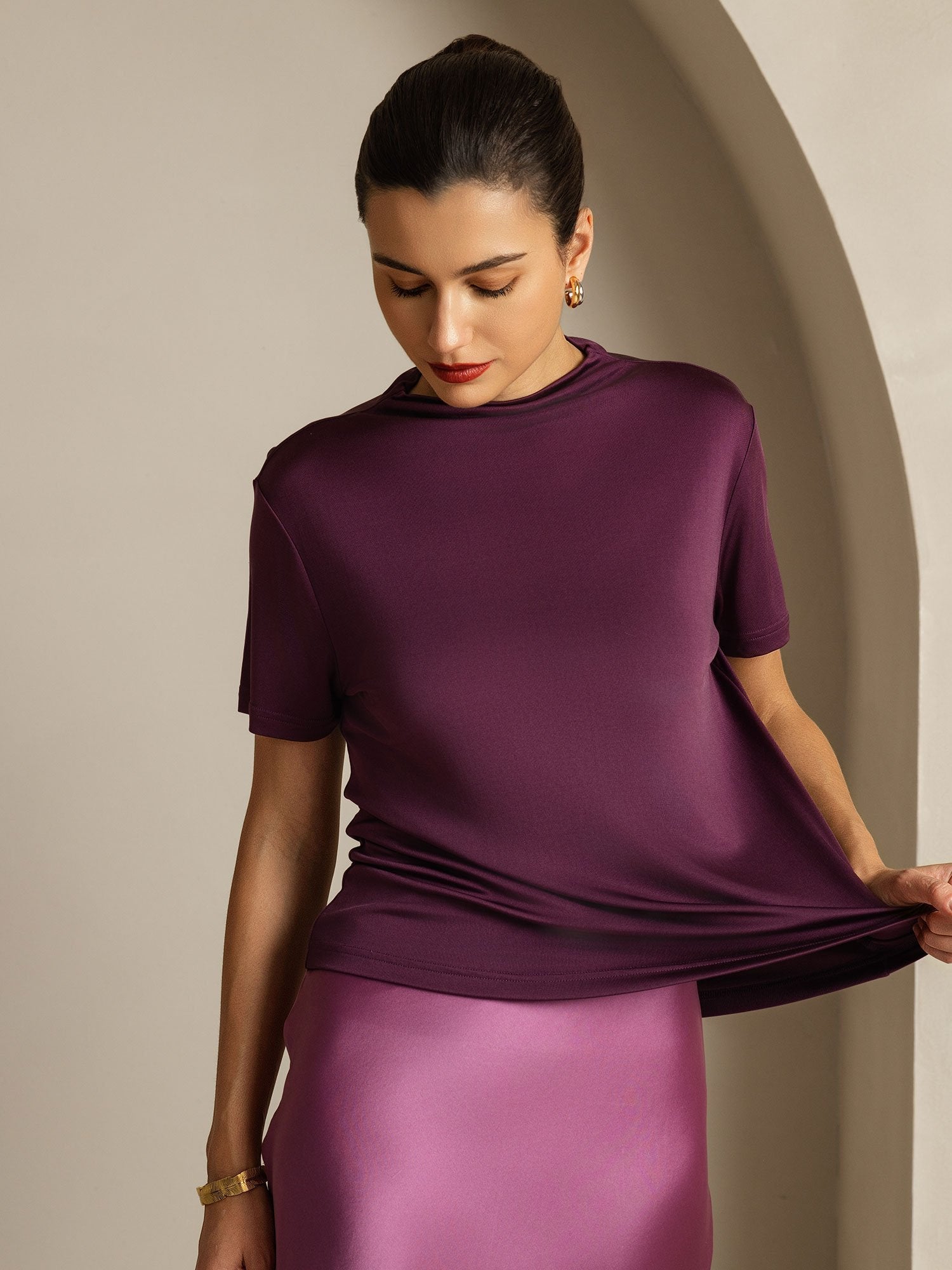 [Paars] SilkSilky-NL Korte Mouw Col Montant Dames T-Shirt 003