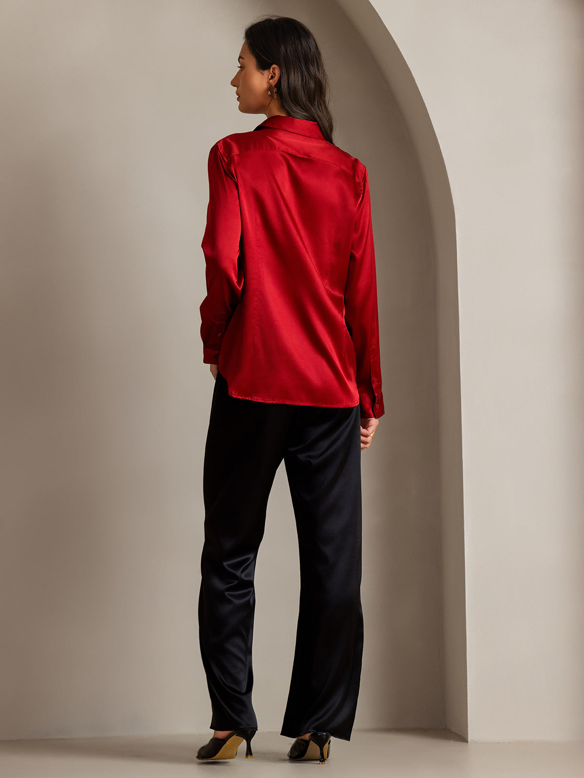 [Rode] SilkSilky-NL Zijde Lange Mouw Kraag Dames Blouse 002