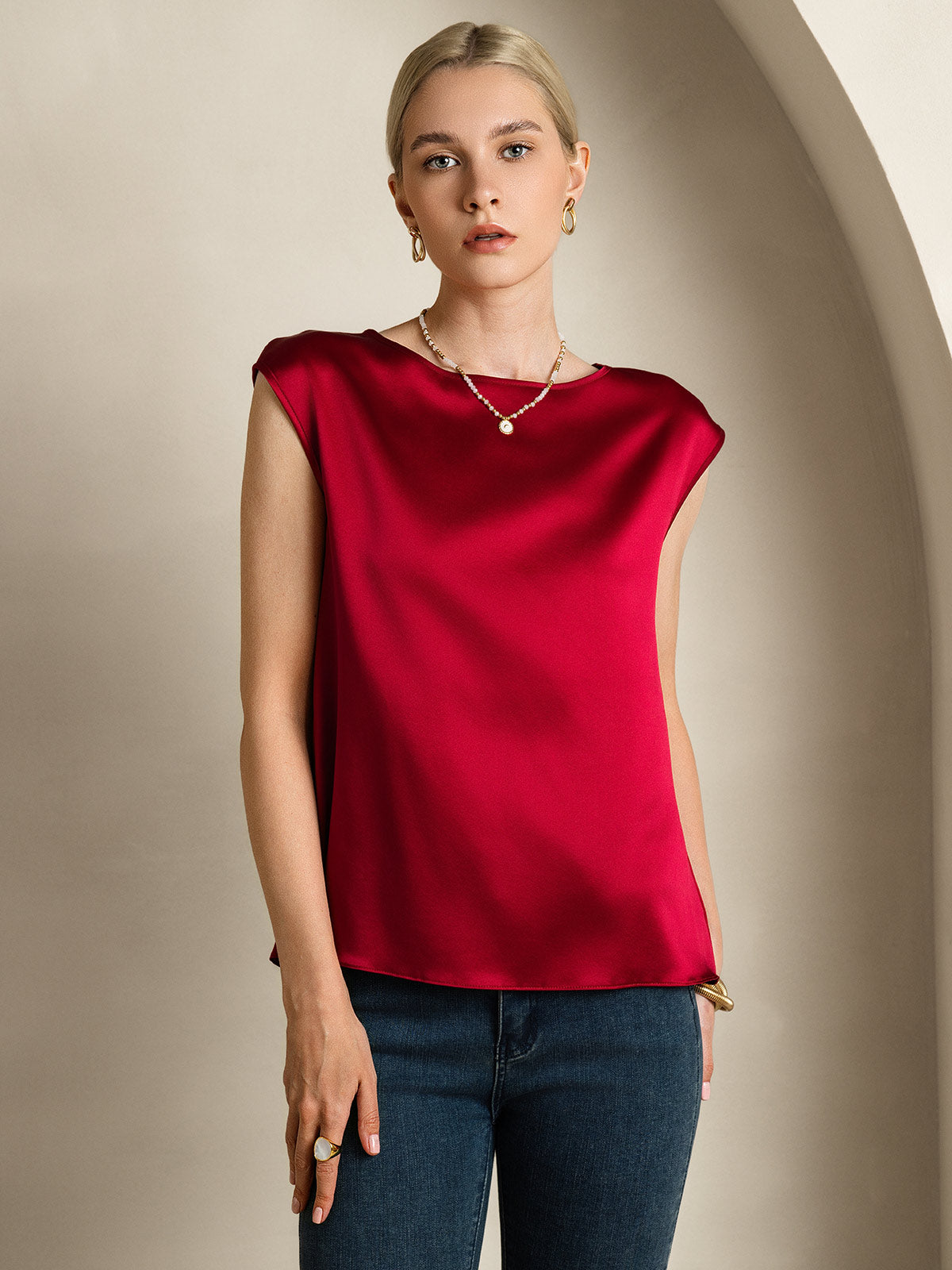 [Wijn] SilkSilky-NL 19Momme Zijde Ronde Hals Dames T-Shirt 001