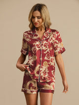[Wijnrode Draak] SilkSilky-NL Korte Mouw Notchkraag Dames Pyjama Set 004