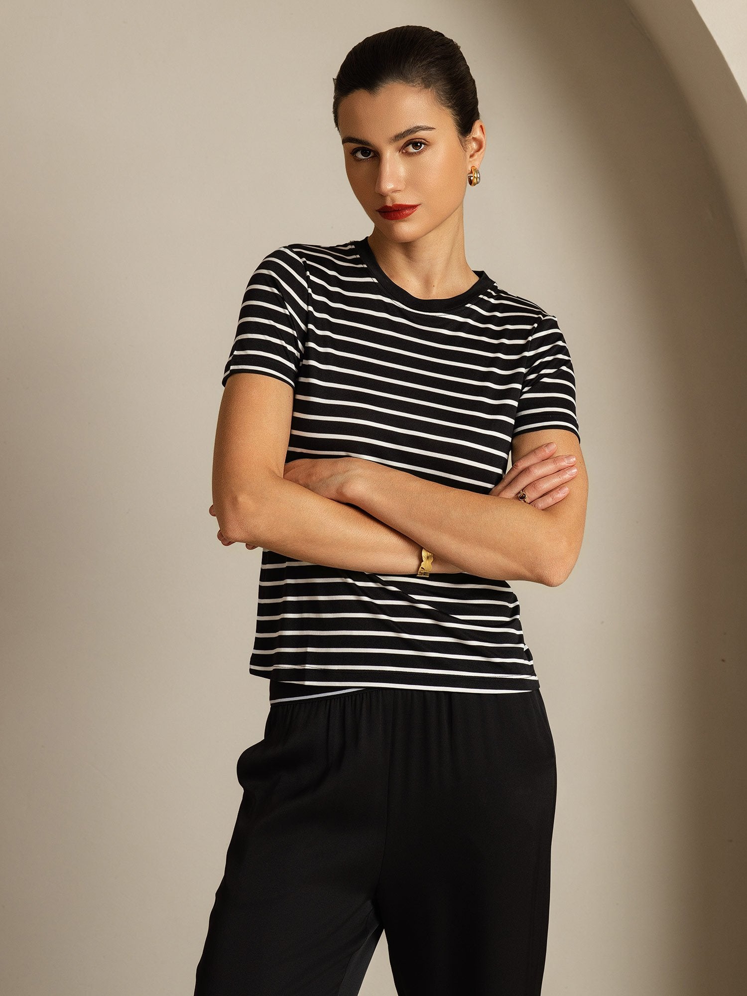 [ZwarteStreep] SilkSilky-NL Zijde Ronde Hals Dames T-Shirt 005
