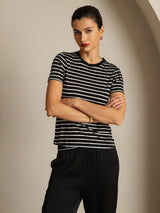 [ZwarteStreep] SilkSilky-NL Zijde Ronde Hals Dames T-Shirt 005