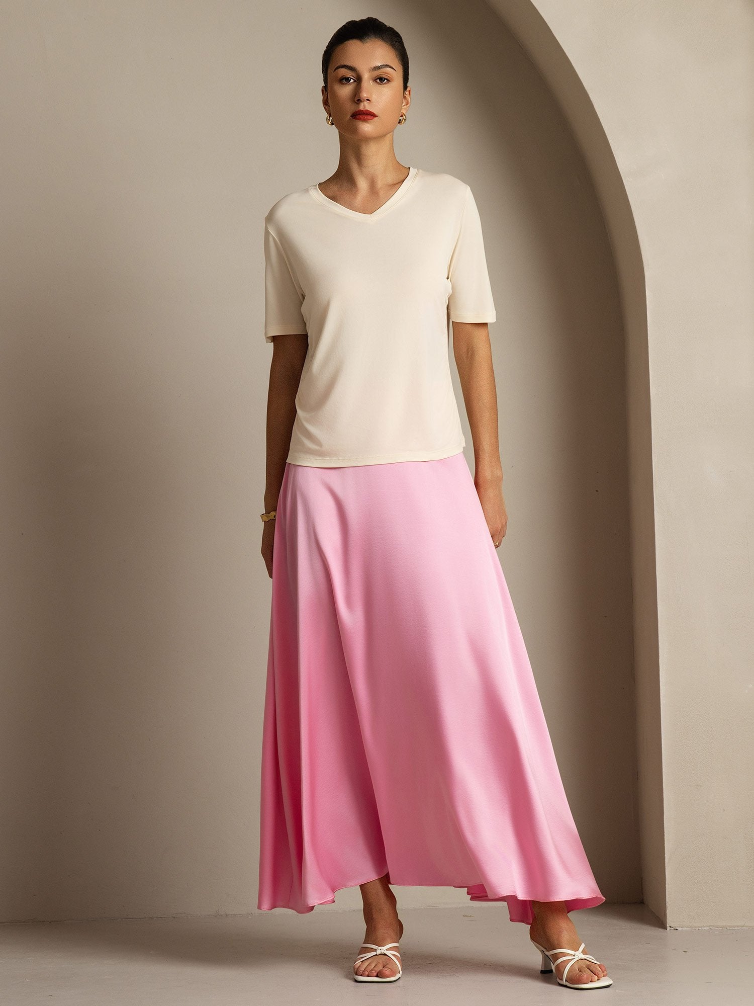 [Beige] SilkSilky-NL Zijde Womens T-Shirt 008