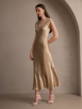 [Champagne] SilkSilky-NL Kapmouwtjes Diepe Ronde Hals Jurk 005