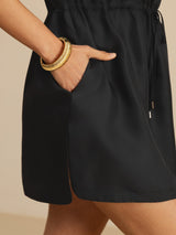 [Zwart] SilkSilky-NL 18Momme Kapmouwtjes Henley-hals Jurk 005