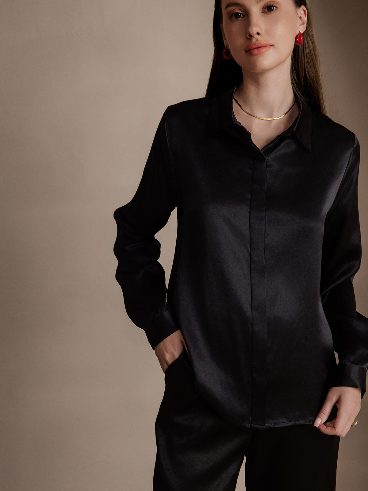[Zwart] SilkSilky-NL 19Momme Zijde Lapel Collar Dames Blouse 001