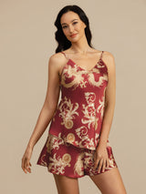 [Wijnrode Draak] SilkSilky-NL Spaghetti Strap V Neck Cami-Set 004