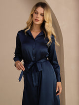 [Donkerblauw] SilkSilky-NL Long Sleeve Lapel Collar Jurk 003