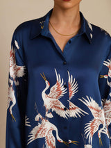 [Donkerblauw] SilkSilky-NL Long Sleeve Lapel Collar Dames Blouse 006