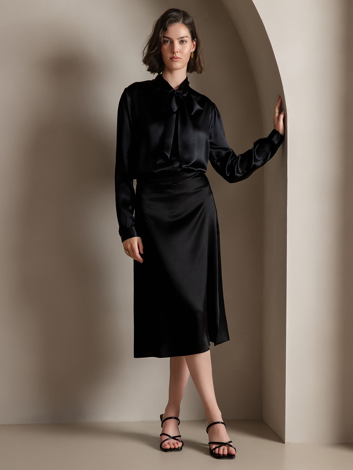 [Zwart] SilkSilky-NL 19Momme Zijde Lange Mouw Binda Hals Dames Blouse 005