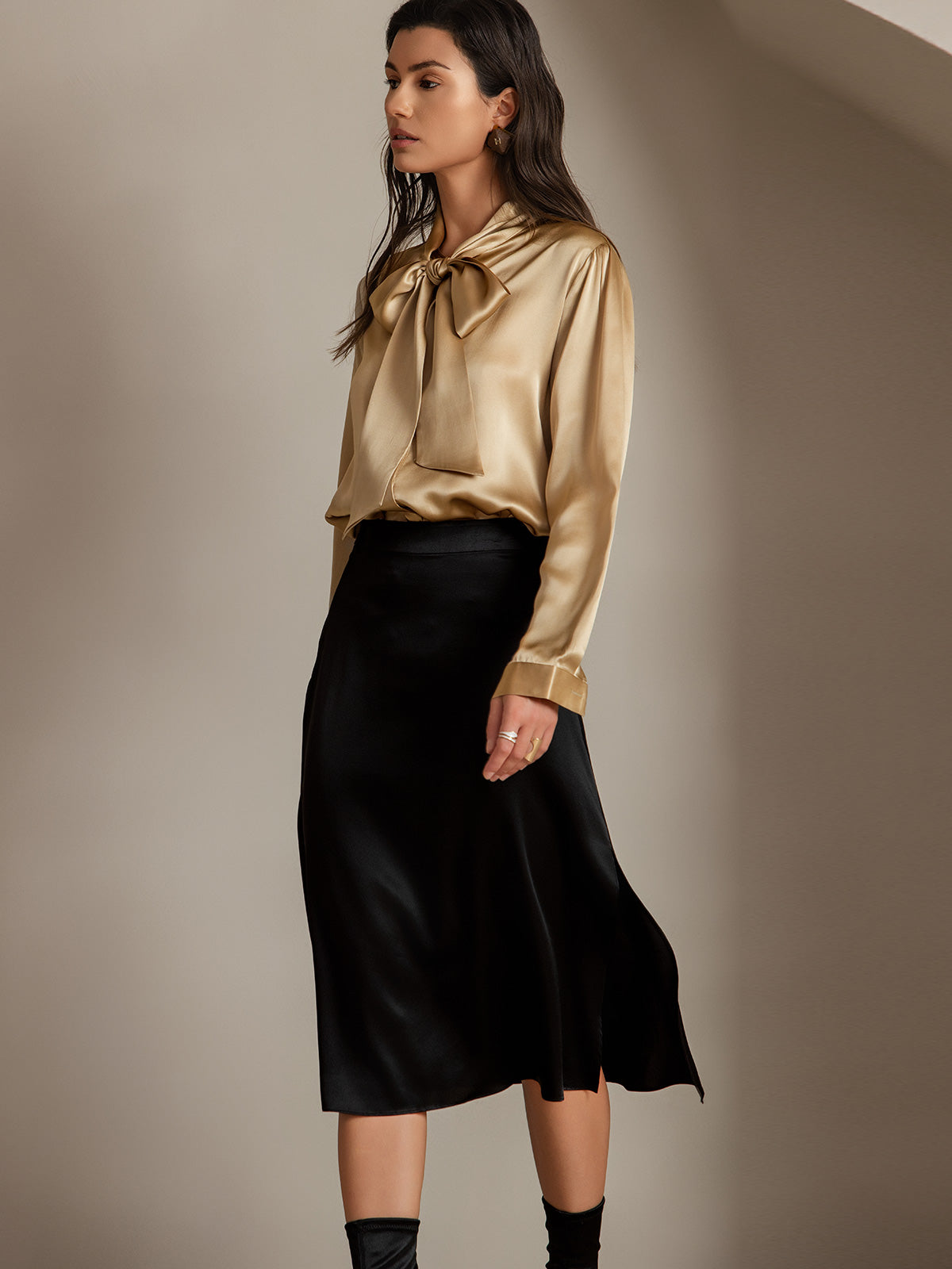 [Zwart] SilkSilky-NL 19Momme Zijde Skirt 004