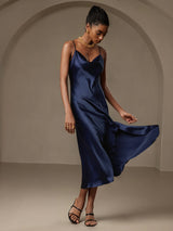 [Donkerblauw] SilkSilky-NL Spaghetti Bandjes Waterval Hals Jurk 004