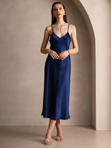 [Donkerblauw] SilkSilky-NL Spaghetti Bandjes V Hals Jurk 003