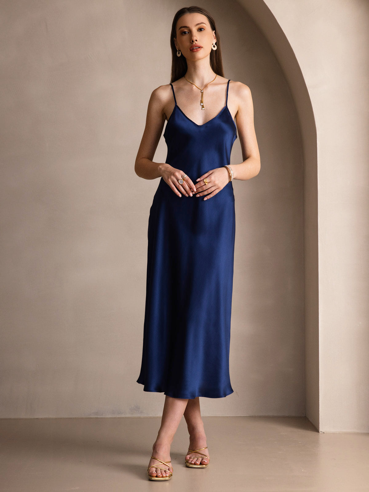 [Donkerblauw] SilkSilky-NL Ronde Hals Jurk 003