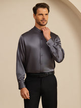 [Donkergrijs] SilkSilky-NL Long Sleeve Stand Collar Heren Shirt 006