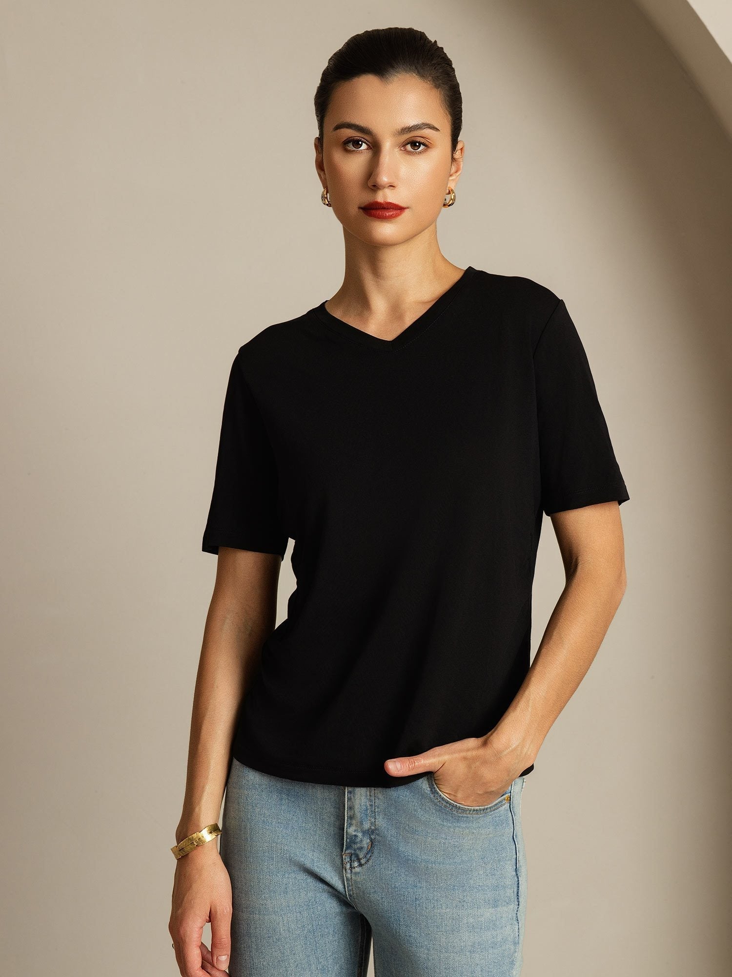 [Zwart] SilkSilky-NL Korte Mouw V Hals Dames T-Shirt 001