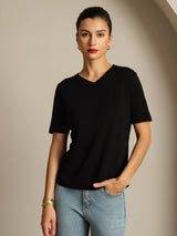 [Zwart] SilkSilky-NL Korte Mouw V Hals Dames T-Shirt 001
