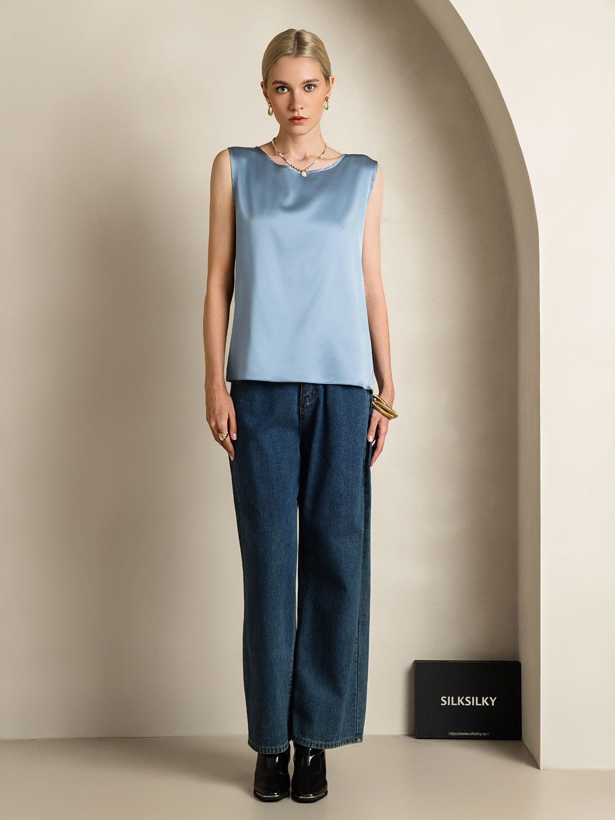 [Grijsachtig Blauw] SilkSilky-NL 19Momme Zijde Ronde Hals Cami-Top 006