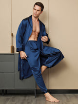 [Donkerblauw] SilkSilky-NL Pure Silk Lange Mouw Revers Heren Kamerjas 008