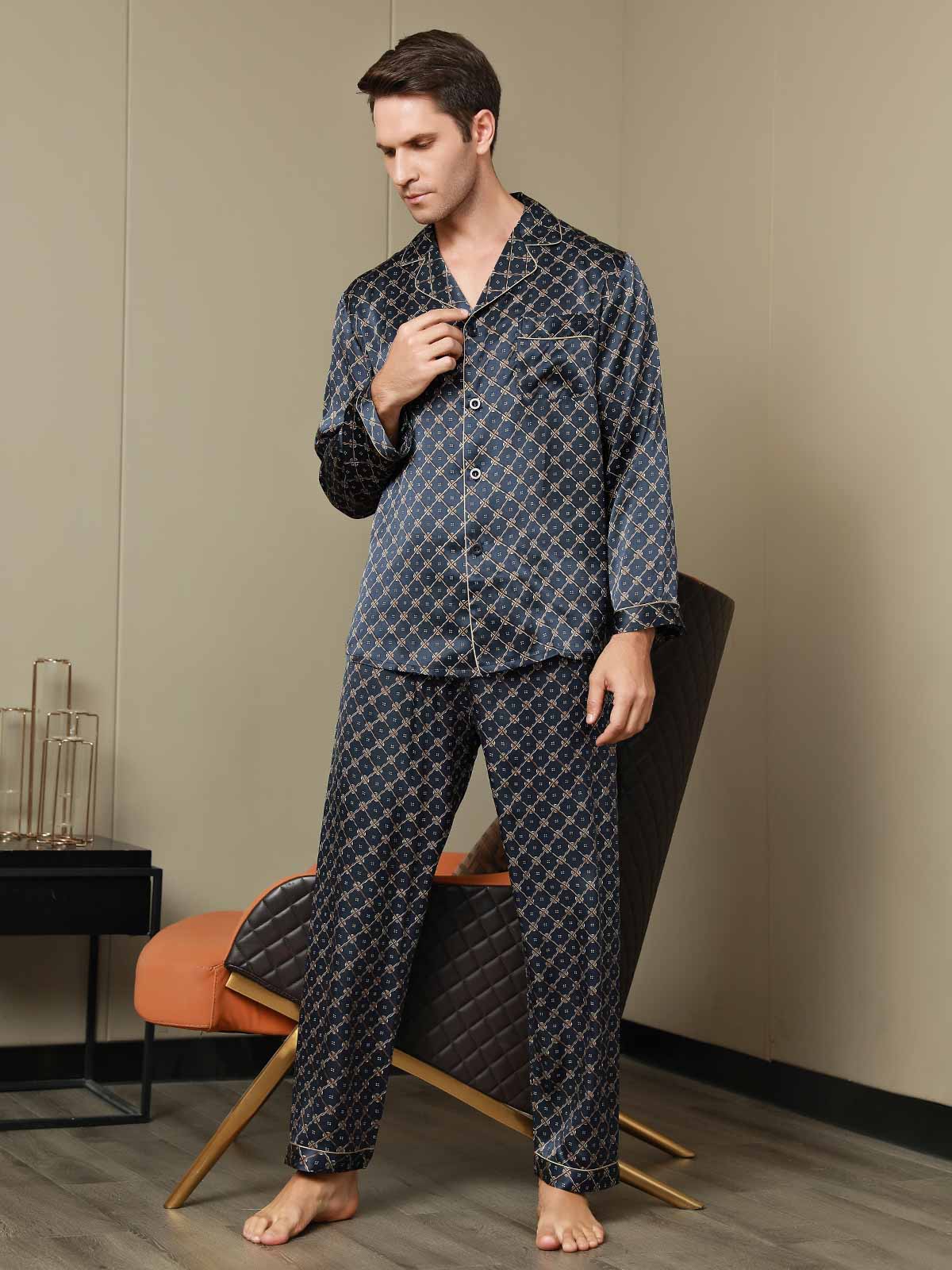 [Donkerblauw] SilkSilky-NL Pure Silk Lange Mouw Revers Heren Pyjama Set 007