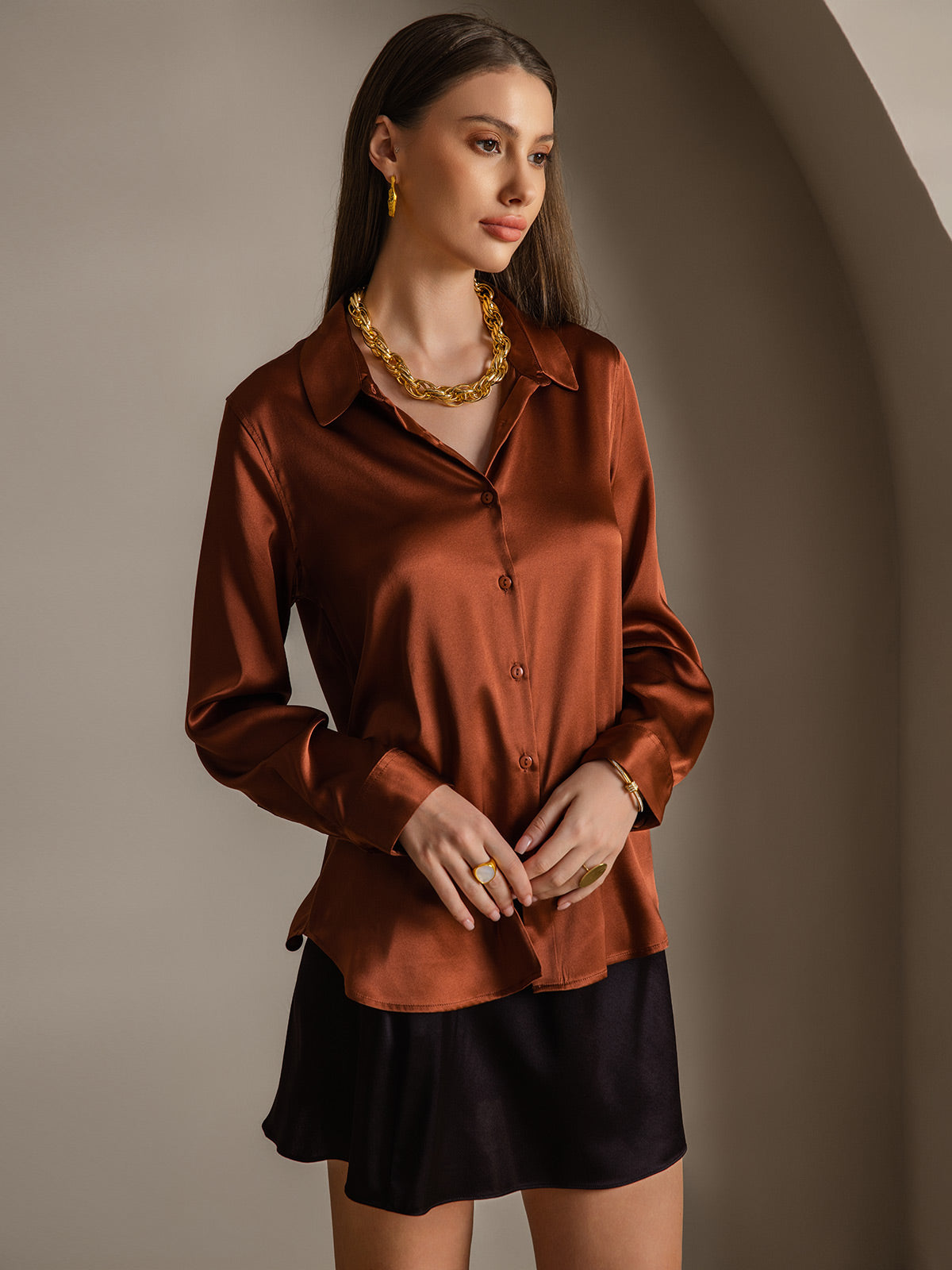 SilkSilky-NL Zijde Lange Mouw Kraag Dames Blouse Koffie 004