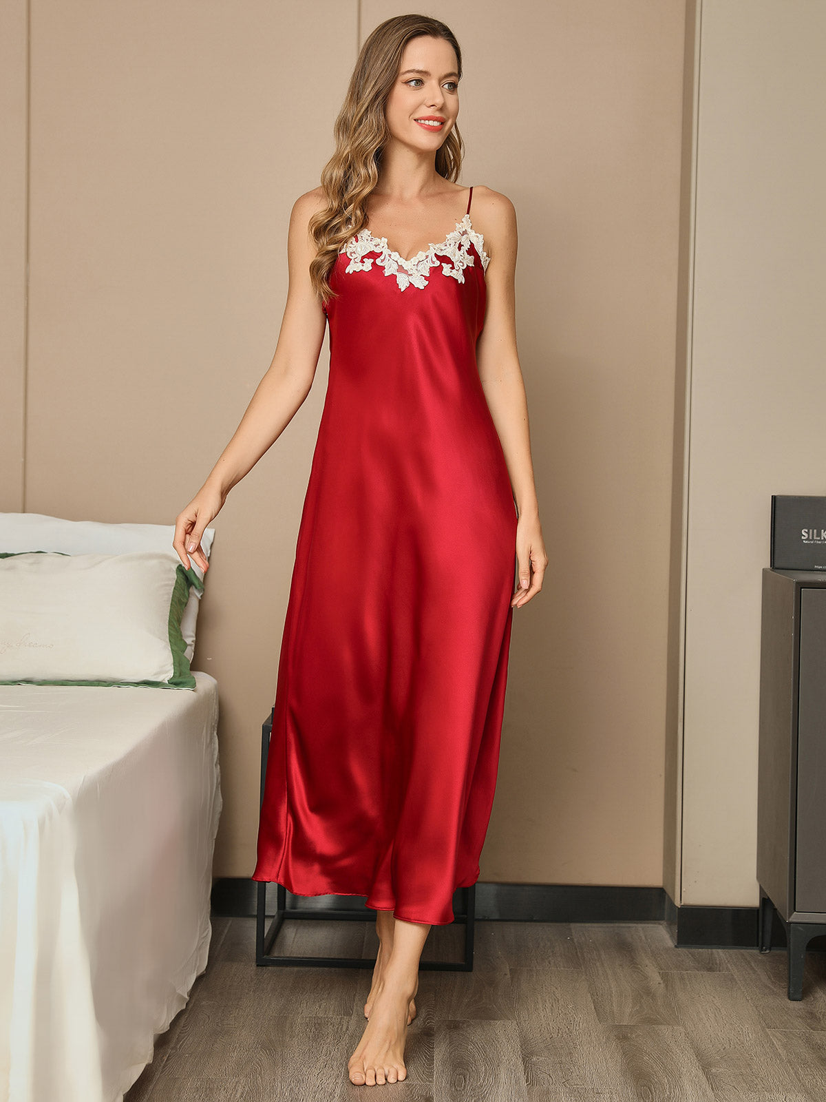 [Wijn] SilkSilky-NL 19Momme Pure Silk Mouwloos V-Hals Jurk 003
