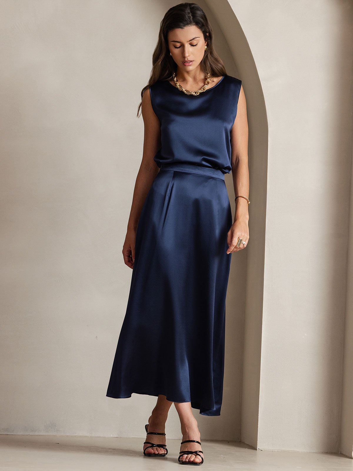 [Donkerblauw] SilkSilky-NL 19Momme Zijde Skirt 007