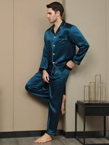 [Koningsblauw] SilkSilky-NL Lange Mouw Notchkraag Heren Pyjama Set 005