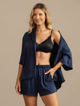 [Donkerblauw] SilkSilky-NL 19Momme Halve Mouw Notchkraag Dames Pyjama Set 005