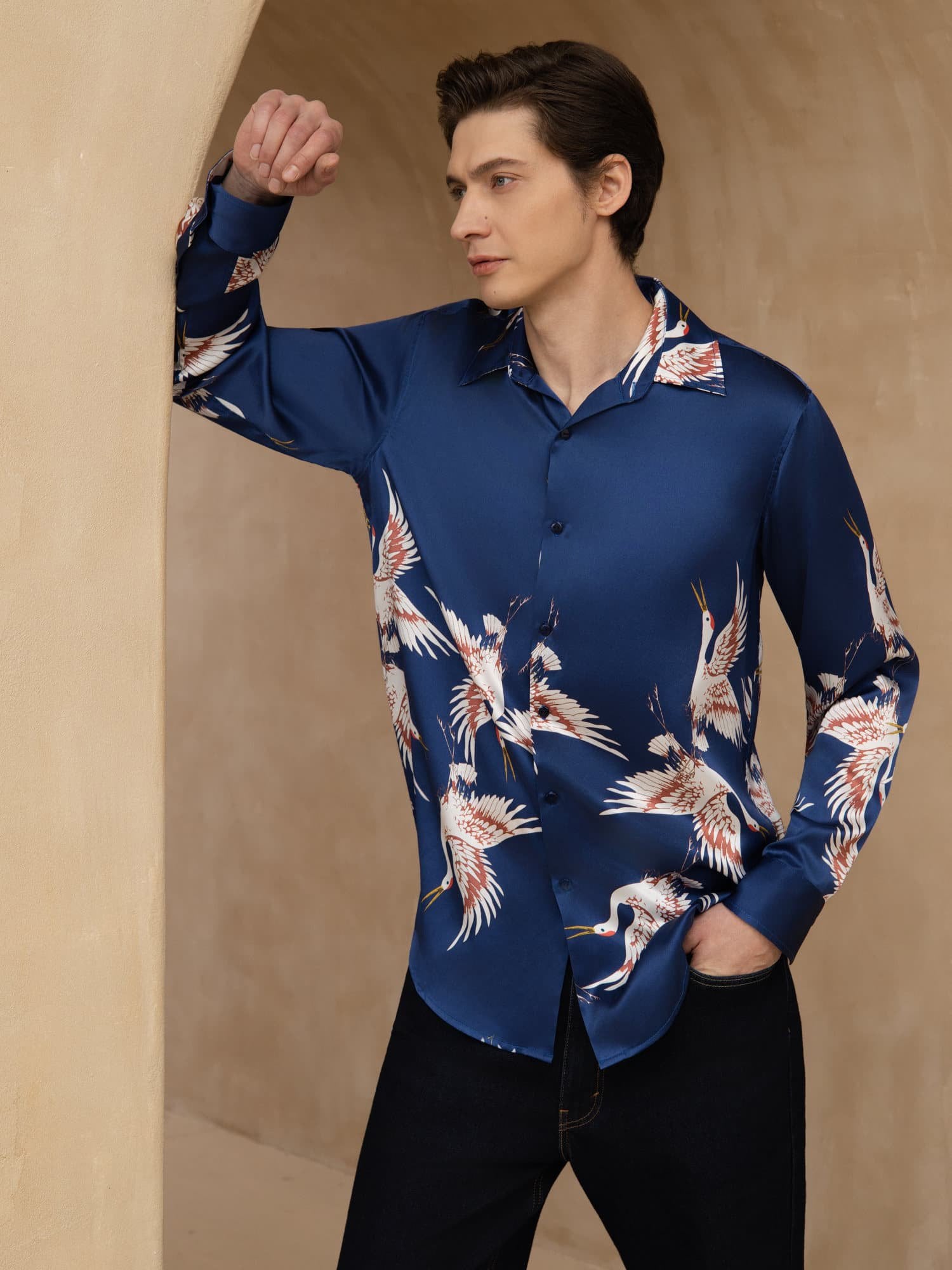 [Donkerblauw] SilkSilky-NL 19Momme Lange Mouw Reverskraag Heren Shirt 004