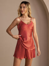 [Wijnrood Ginkgo] SilkSilky-NL Spaghetti Strap V Neck Cami-Set 001