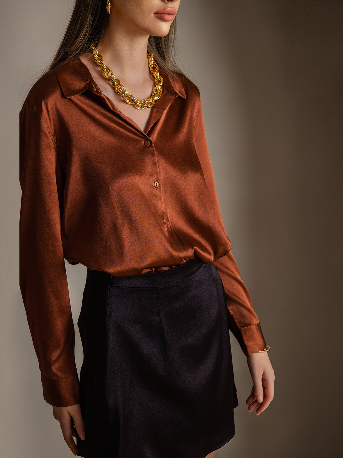 [Koffie] SilkSilky-NL Zijde Kraag Dames Blouse 001