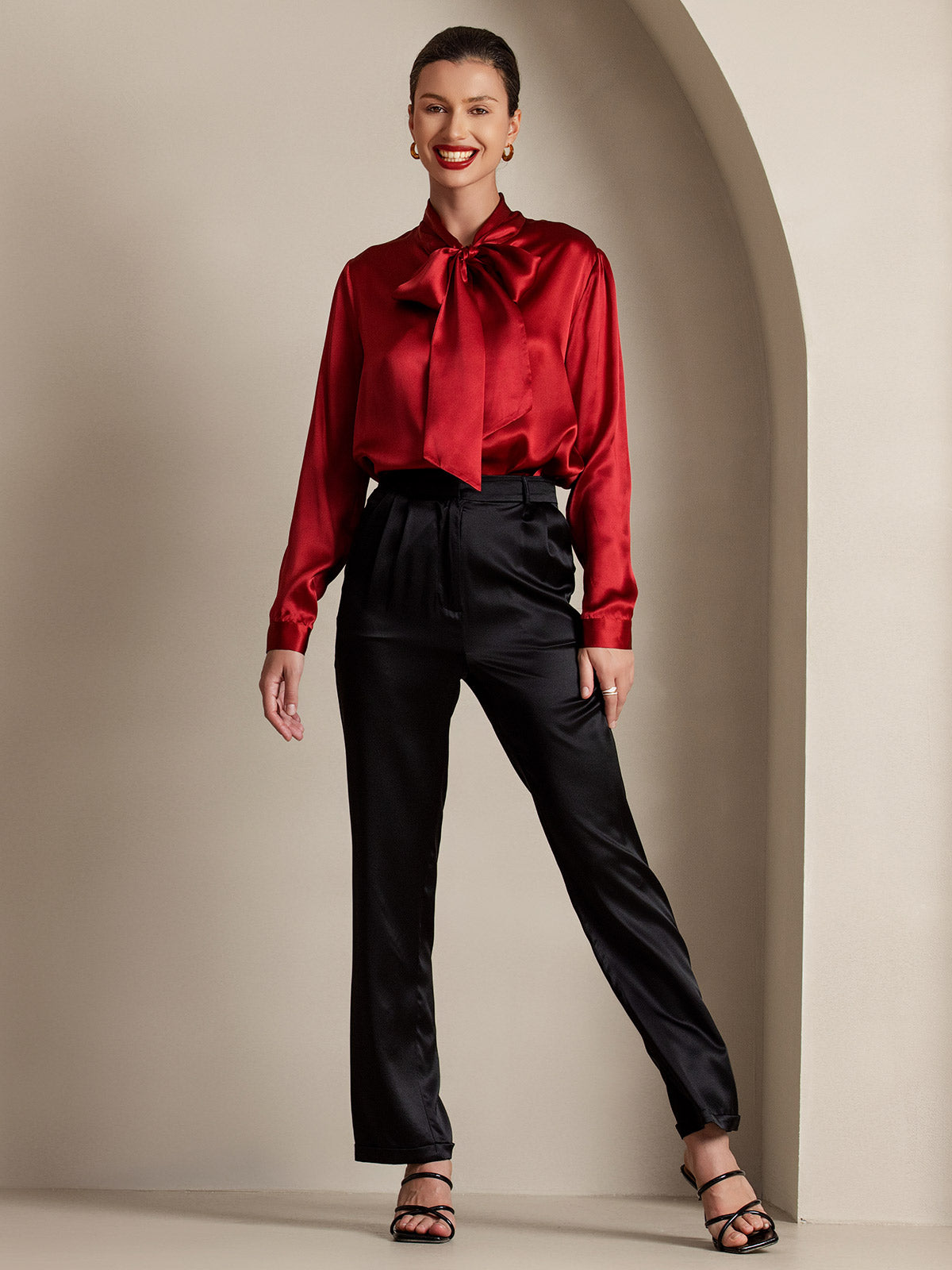 [Wijn] SilkSilky-NL 19Momme Zijde Lange Mouw Binda Hals Dames Blouse 008
