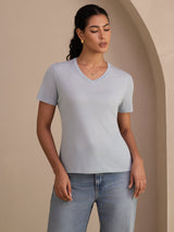 [Grijsachtig Blauw] SilkSilky-NL Short Sleeve V Neck Dames T-Shirt 001