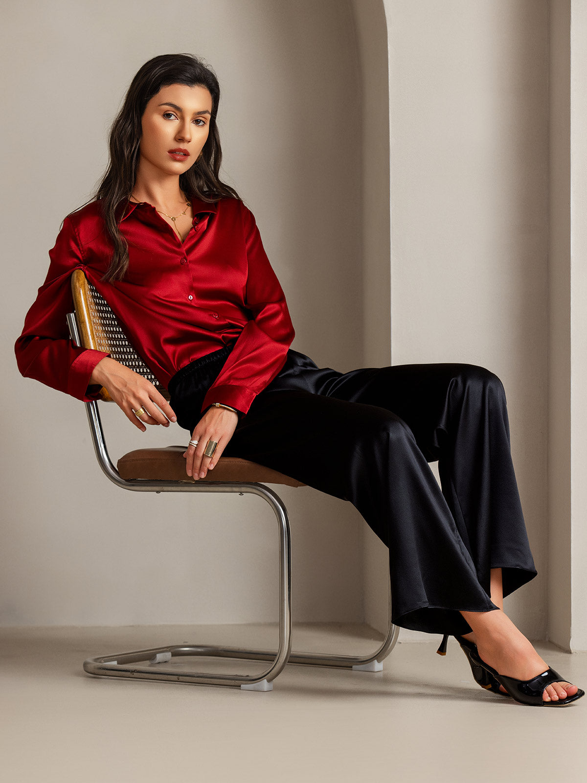 [Rode] SilkSilky-NL Zijde Kraag Dames Blouse 006